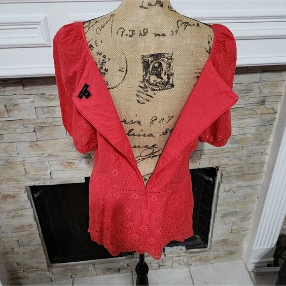 Ann Taylor Fuscia Pink crocheted lace peplum puff sleeve‎ blouse size 14 - Picture 4 of 7